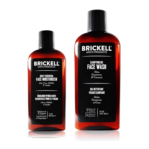 Brickell Men’s Daily Essential Face Care Routine I, Gel Facial Cleanser Wash and Face Moisturizer Lotion, Natural and Organic, Unscented, Skincare Gift Set