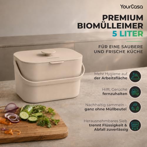 YourCasa Biomülleimer Küche 5L - Komposteimer für alltäglichen Biomüll Behälter - Spülmaschinenfest - Geruchsdicht mit Sieb & ergonomischen… – Ansicht 2