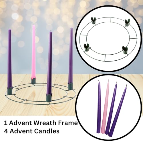 Factory Direct Craft Green Metal Advent Wreath Form with a Set of 4 Advent Taper Candles