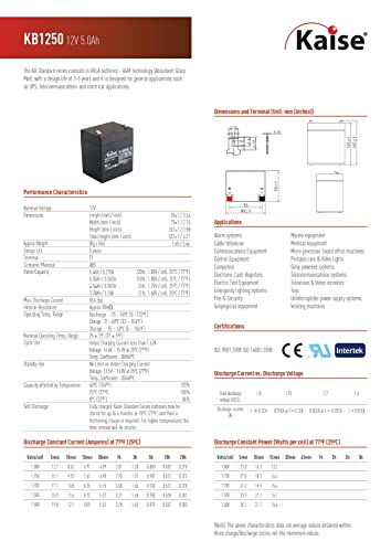 Kaise Batterie au Plomb AGM VRLA 12 V - 5 Ah/Modèle KB1250 F1 / 2 unités