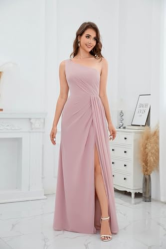 One Shoulder Bridesmaid Dresses for Women Ruched Chiffon A Line Evening Formal Gown with Slit4