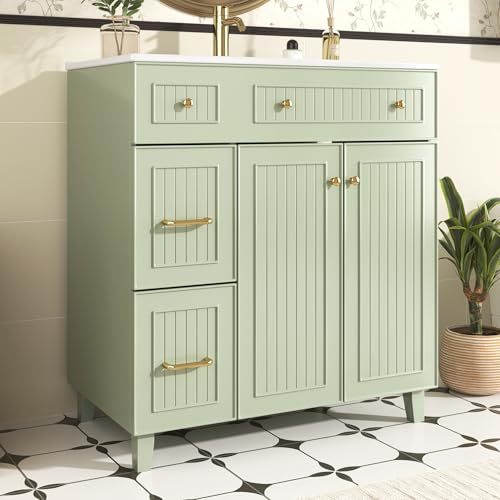 NADEUSAK Armario de baño con lavabo, 80 x 90 cm, armario de baño de pie con tocador de cerámica, superficie lacada, espacio de almacenamiento multifuncional y patas de madera maciza (verde)