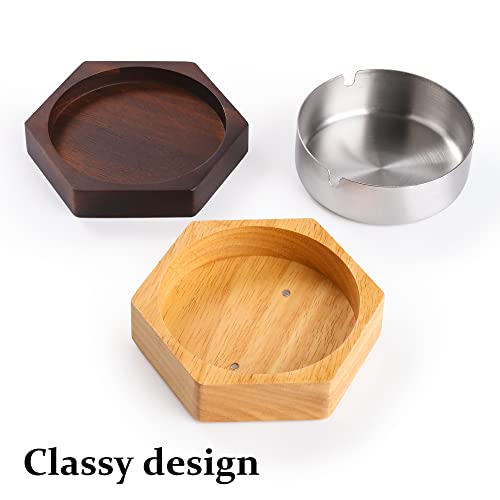 DDAJJAJ Windproof Ash Tray with Lid, Wooden Ashtray with Stainless Steel Liner for Outdoors and Indoors Use, Smoking Ashtray for Home Office - Image 3