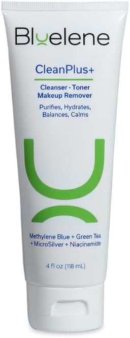 Bluelene CleanPlus+ Face Cleanser/Toner/Makeup Remover with Super Antioxidant Methylene Blue, Niacinamide, and MicroSilver. Gentle, Aloe Vera-Based Formula. Suitable for Sensitive Skin