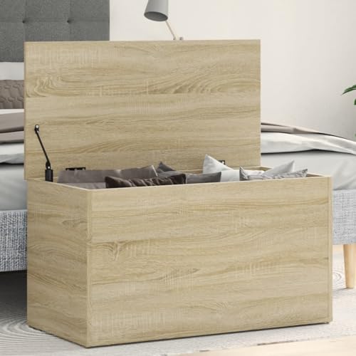 IKAYAA Baúl de Almacenamiento de Madera Baul Almacenaje Interior Baul Juguetes Infantil Taburete para Almacenaje con Tapa para Dormitorio Salón 84 x 42 x 46 cm Roble Sonoma