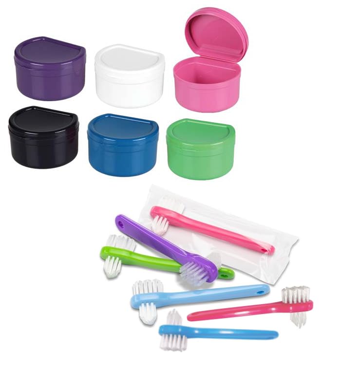 AmeriCan Goods 6/Pk Premium Curve Denture Bath Box with 6/Pk Mini Denture Brushes Clean & Care Denture Bath Case Cup with Brushes
