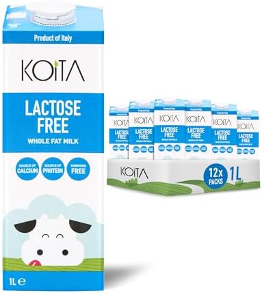 Koita Lactose-Free Whole Fat Milk (1L, 12-Pack) - No Added Hormones, Easy to Digest, Vitamin Enriched, Made in Italy
