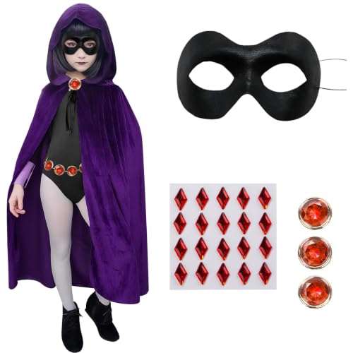 Kids Halloween Costume Purple Hooded Cape with Adjustable Red Gemstone Waist Chain Mask Raven Costume for Halloween Raven Cosplay Outfit Use by Those Aged 15 and Above
