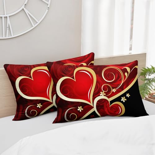 Image of AILONEN Red Rose Bedding Queen Size Couple Heart Love Comforter Set,Red and Black Comforter Set,Romantic Flower Bedding Set 3-Piece for Bedroom,1 Comforter with 2 Pillowcases