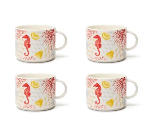 Excelsa Coral Set 4 Tazze Jumbo in New Bone China, Design Corallo Marino con Cavalluccio