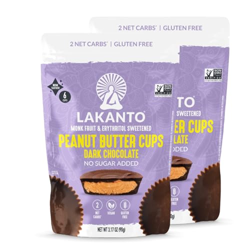 Lakanto Sugar Free Chocolate Peanut Butter Cups - Sweetened with Monk Fruit, On the Go, Gluten Free, Vegan, Keto Diet Friendly, 2g Net Carbs, Cocoa Butter, Nut Butter, Cacao (6 Cups - Pack of 2)