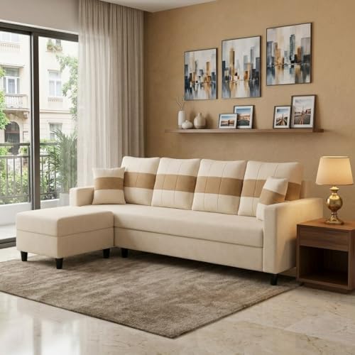 Image of Cavona 5 Seater L Shape Sofa Set with Movable Ottoman | Flexible Layout | Luxury Velvet Suede Fabric | Modern Living Room Sofa | Cream