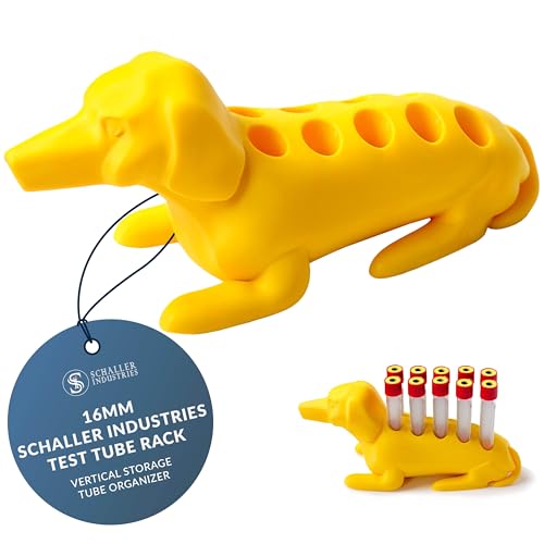 Image of S I Schaller Industries Dachshund Test Tube Holder, 16mm - Veterinary Blood Test Tube Rack, Holds 10 Vials, Compact Fun Design Organizer for Veterinary and Research Lab Use - Bright Yellow