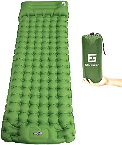 ElloGear Camping Self-Inflating Air Sleeping Pad Mat Foot Pump with Pillow, Great Compact Air Sleeping Pad for Tent Travel, Backpacking, Hiking, Sleeping Over (Green)