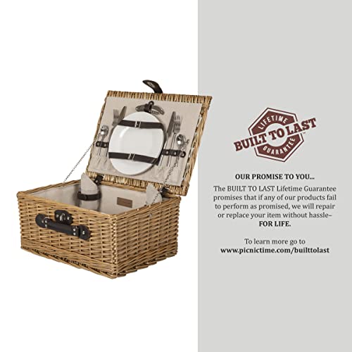 Image of PICNIC TIME Classic Picnic Basket for 2, Romantic English-Style Wooden Wicker Basket with Deluxe Service for 2, Fully-Lined Interior, Leatherette Lid-Locking Buckle, and Carry Handle, (Beige Canvas)