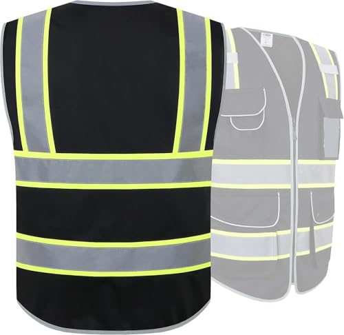 Image of JKSafety 9 Pockets Hi-Vis Fluorescent Color Zipper Front Safety Vest with Neon Color Extended Yellow Trims for Men and Women Work Safety Utility (901-Black S)