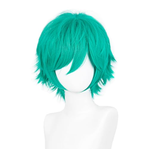 Image of LABEAUTE Short Turquoise Anime Cosplay Wig Male Men Anime Layered Unisex Heat Resistant Hair Wig with Bangs for Party and Halloween for Gift + Free Cap