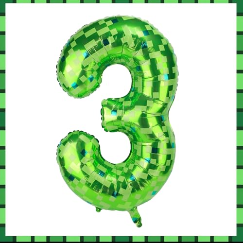 Globos de Números Píxeles, 101 Cm Globos Aluminio Grandes Verdes Decoraciones para Fiestas Temáticas Juegos Aniversarios Cumpleaños Niños y Niñas (Número 3)