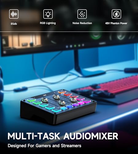 Image of Gaming Audio Mixer, Audio Interface with XLR Microphone Input, Noise Reduction, RGB, Bluetooth, 48V Phantom Power, Voice Changer, Sound Board for Podcast /Recording /Streaming /Vocal /Game (Black)