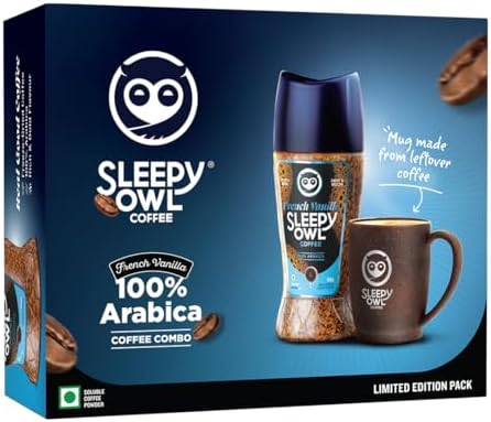 Sleepy Owl French Vanilla Instant Coffee Combo|100% Arabica Coffee Powder| Sustainable Mug|Coffee With Mug|Unique Gift Items|Corporate Gifts,Box,100 Gram