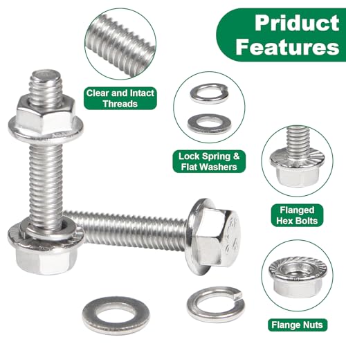 Image of M6-1.0 x 12 /16 /20 /25 /30mm Flanged Hex Head Bolts, 240 Pcs M6 Flange Hexagon Screws Serrated Flange Nuts, Washers & Lock Spring Washers, 304 Stainless Steel Bolts and Nuts Kit