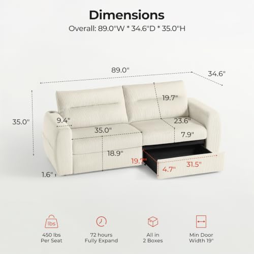 Image of 88.6 inch Modern Storage Loveseat Sofa, Small Couches for Living Room, Beige | Corduroy, USB Charging, Pull-Out Storage, Deep Seat, Comfy Love Seat for Small Spaces, Apartment, Bedroom, Dorm, Office