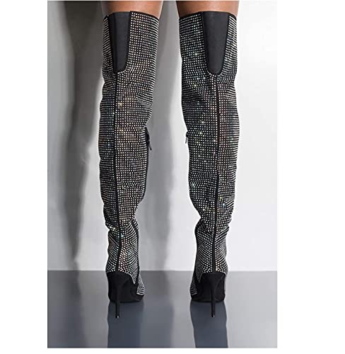 Women's All Over Diamond Rhinestone Stripe Front Slouchy Thigh High Stiletto Boots3