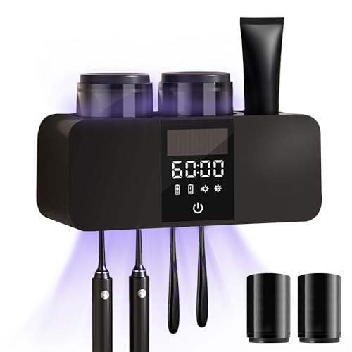 Toothbrush Cleaner & Wall Mounted Toothbrush Holders,Cleaning and Air Drying LED Smart Screen and Timer Function Rechargeable Cordless Tooth Brushing Holder for Bathrooms(Black)