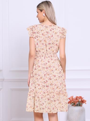 Image of Allegra K Women's Floral Dress Spring Summer V Neck Flutter Sleeve Ruffle Casual Smocked Knee Length Dresses