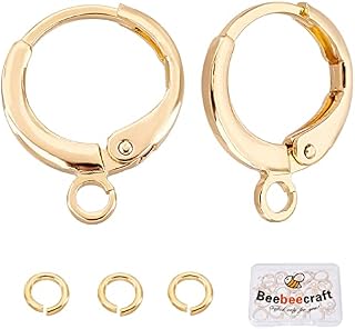 Beebeecraft 20Pcs/Box Round Earring Hooks 18K Gold Plated Leverback Hoop Earring with Loop 14.5x11.5mm French Ear Wires with Jump Ring DIY Jewellery Making