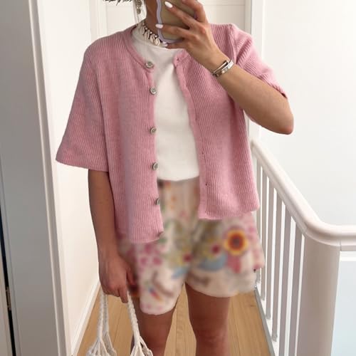 Image of Womens Button Up Short Sleeve Cardigans Sweater Cropped Lightweight Round Neck Elegant Knit Tops with Pockets