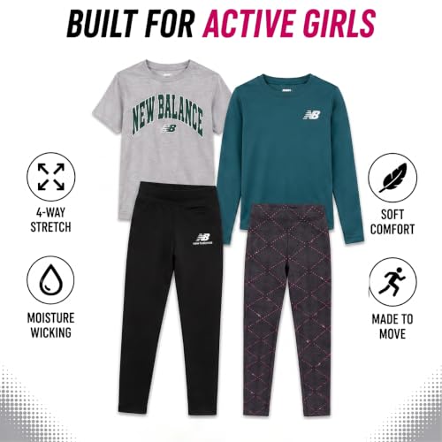Image of New Balance Active Girls Legging Set - 4 Piece Athletic Short Sleeve Shirt, Long Sleeve Shirt & Activewear Girls Leggings Set