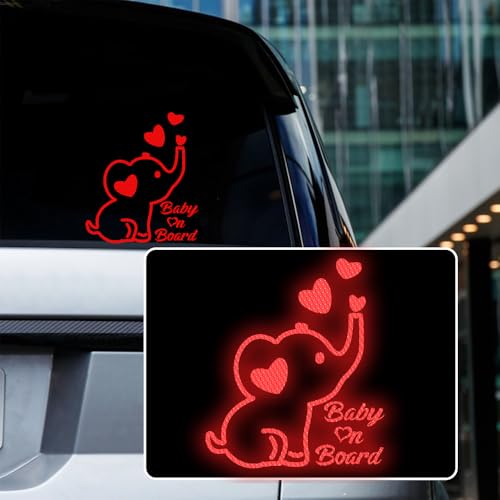 Image of High Intensity Reflective Baby on Board Car Decal Cartoon Cute Elephant Kids on Board Car Sticker Waterproof Safety Warning Decal Baby in Car Sticker (Red)