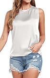 Wantschun Women's Summer Fall Silk Satin Tops Sleeveless Shirt Blouse Basic Casual Crew Neck Tank Top - White ; Large