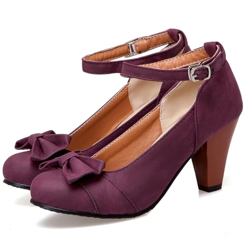 SHODENSE Women Kitten Heel Bow Pumps with Ankle Strap Round Closed Toe Dress Sandals High Chunky Block Heel Nubuck Suede Mary Jane Lolita Shoes Bowknot Dressy Office Work Wedding Party Dance 4-15 M US