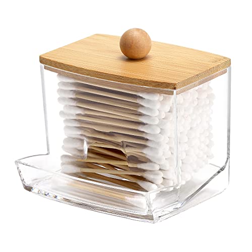 Image of Tbestmax 10oz Qtip Holder Dispenser with Bamboo Lids, Big Clear Bathroom Organizer Accessories Decor for Storage-Qtips Cotton Ball Holder Apothecary Jars, Cotton Swabs, Floss Container