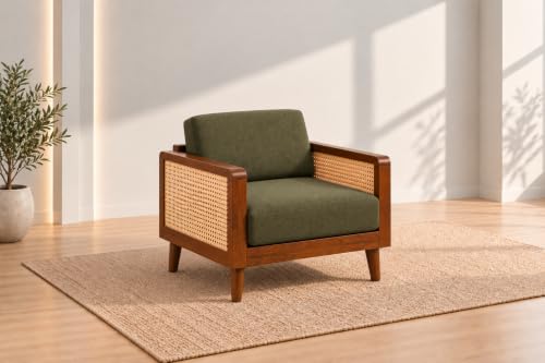 Image of Sainistree Sheesham Wood 3+2 Seater Sofa | Solid Wood Cane & Rattan Sofa for Living Room | Mid-Century Modern Accent Sofa | Green Upholstery, Teak Brown Finish