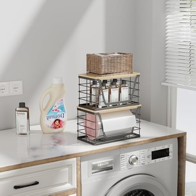 2 Pack Storage Stackable Kitchen Laundry Organizers, Wall Mount Large Trash Bag Holder with Bamboo Top, Standard Garbage Bag Dispenser, No Drill Required