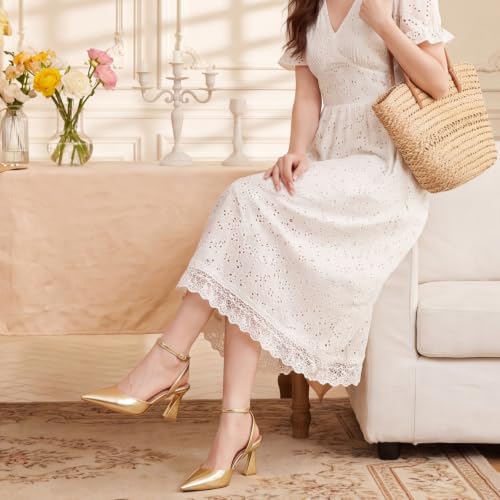 Image of RIBONGZ Comfortable Kitten Heels for Women Pointed Closed Toe Ankle Strap Buckle Heels Slip on Low Heel Church Pumps Wedding Bridal Party Dressy Shoes