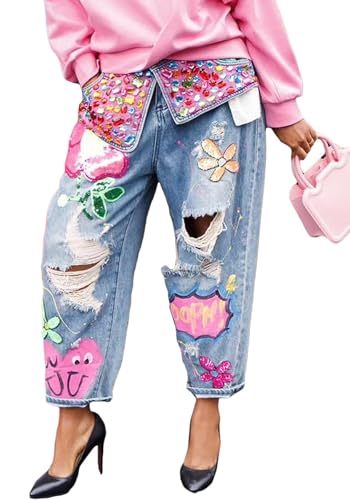 Women's Barrel Jeans Wide Leg High Waist Rhinestone Floral Horseshoe Ripped Baggy Cropped Jeans Denim Pants