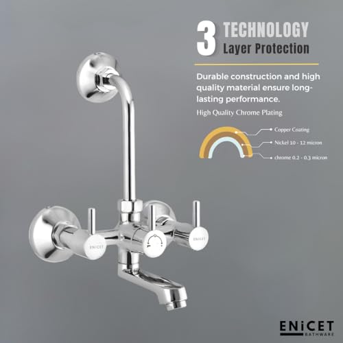Image of ENICET Brass Wall Mixer with 190mm Long Bend Pipe, Chrome Finish, Provision for Overhead Shower, Wall Mixer for Bathroom, Water Mixer Tap for Bathroom Full Set (WITH SHOWER)