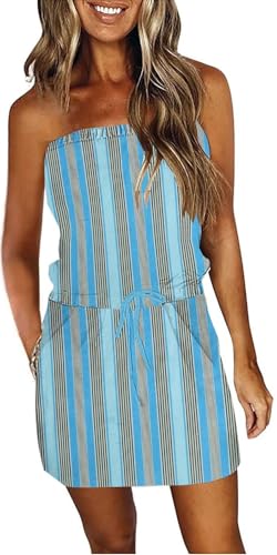 Image of Summer Dress for Women Strapless Beach Cover Ups Boho Sundress Mini Dress Drawstring Waist with Pockets