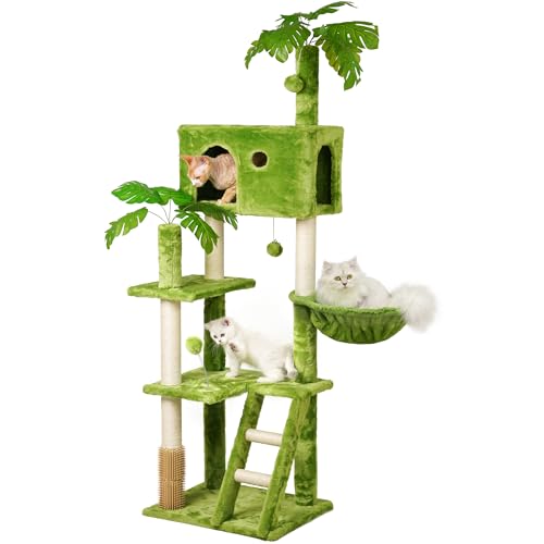 Meecal 65in Tall Cat Tree with Leaves for Indoor Cats Green Cat Tower with Scratching Post Hanging Hammock Cozy Perch Swing Ball Self Groomer and Cat Ladder Cat Tree Tower