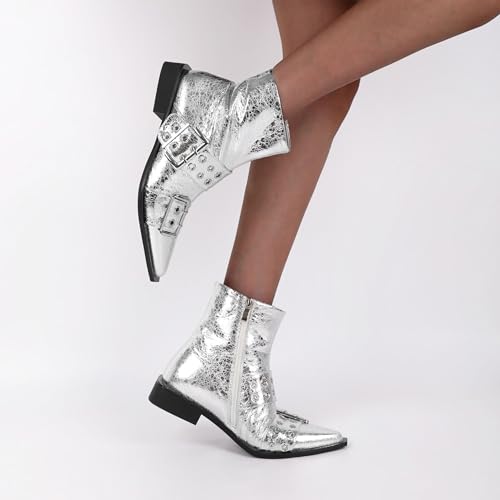 SAMMITOP Women's Ankle Boot Chunky Low Heel Dress Ankle Boots Classic Pointed Toe Side Zipper Chelsea Booties with Metal Buckle Eyelet 1.2 Inch2