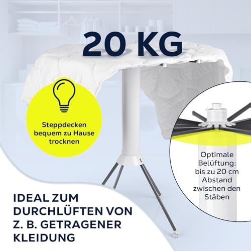 EASYmaxx Fächer-Wäscheständer 800 – zusammenklappbar, variabel aufstellbar mit 16 Armen | Wäschespinne mit System | individuell anpassbar an Raum & Wäschemenge | Platzsparend & stabil mit 4-Fuß-Stativ