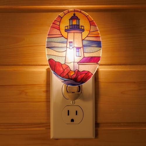 Image of Lighthouse Stained Glass Styled Night Light Plug in - Made with Real Glass, Bulb Included, On /Off Switch - Nautical Beach Theme Bathroom, or Beach House Accent Light Pink Skies