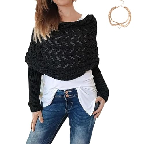 Women's Double Sleeve Scarf, Multifunctional Wrap Shrugs, Hollow Knitted Cable Wrap