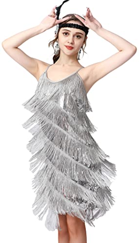 Image of Women 1920s Gatsby Flapper Dress Sexy Open Back Strap Fringed Cocktail Party Dress with 20s Accessories