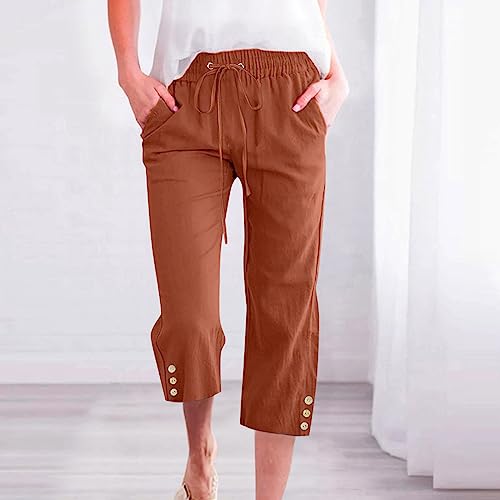 Cotton Linen Capri Pants for Women Casual Summer Elastic Waist Lounge Capris Loose Comfy Lightweight Cropped Trousers2