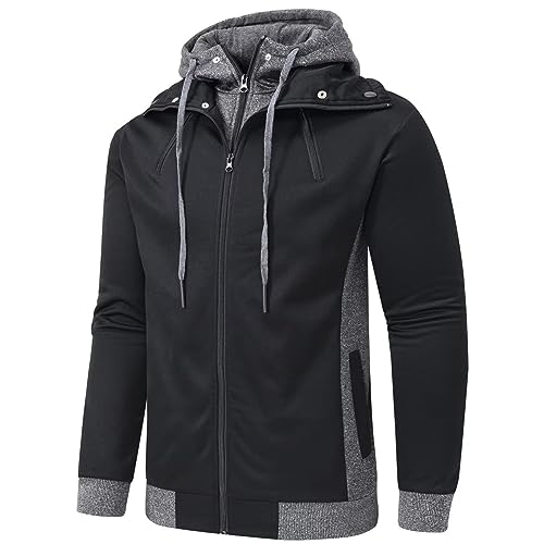 Image of YuKaiChen Men's Hooded Jacket Slim Fit Double Zipper Turtleneck Fleece Hoodie Outerwear